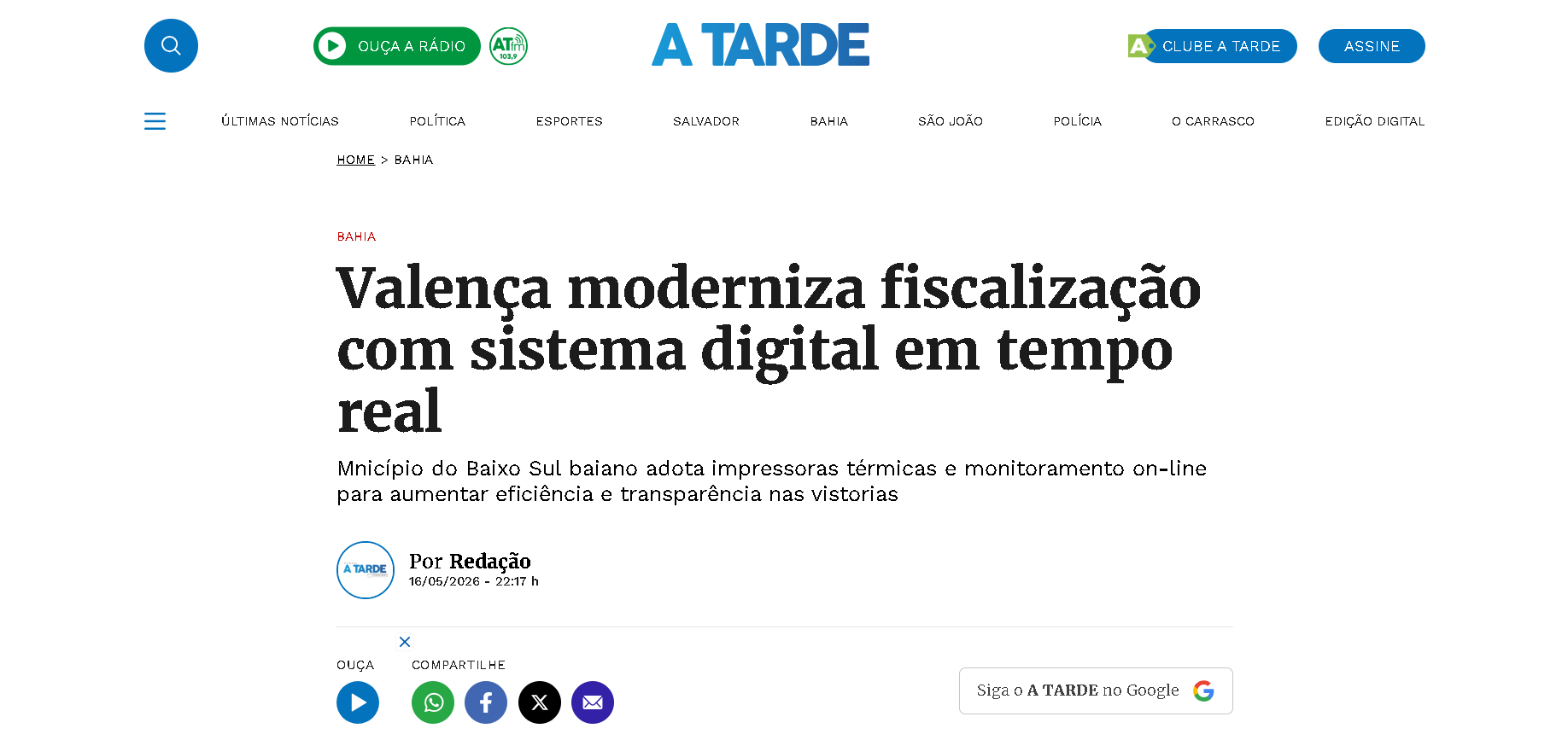 Reportagem A TARDE: Valença moderniza fiscalização com sistema digital em tempo real
