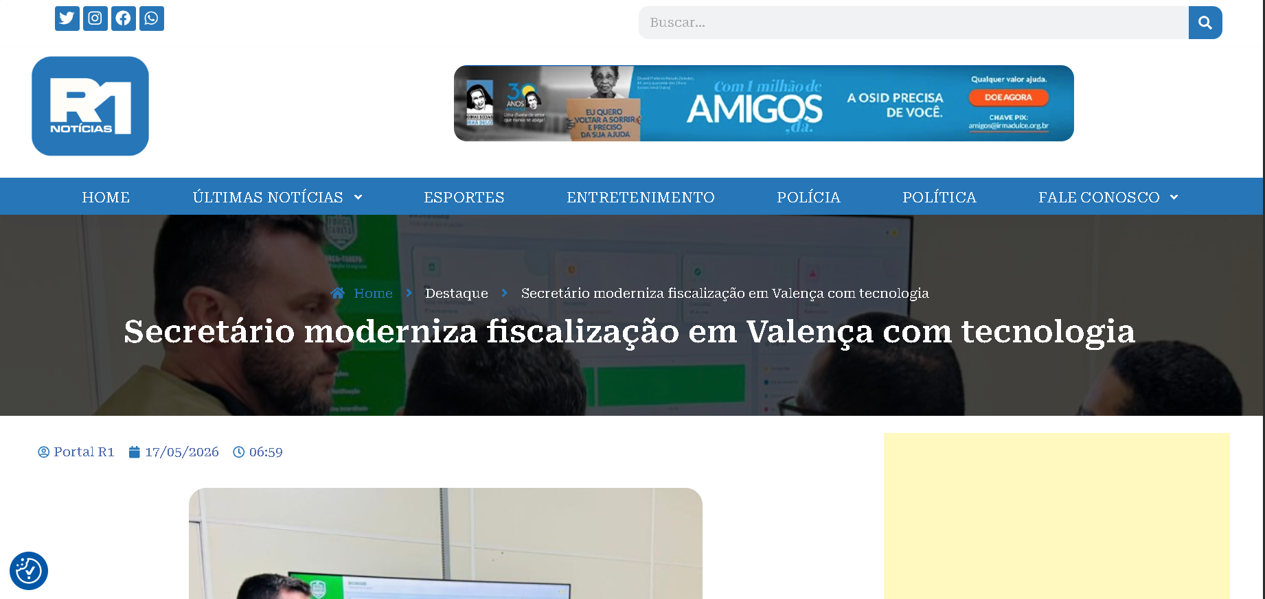 Reportagem Portal R1 Notícias: Secretário moderniza fiscalização em Valença com tecnologia